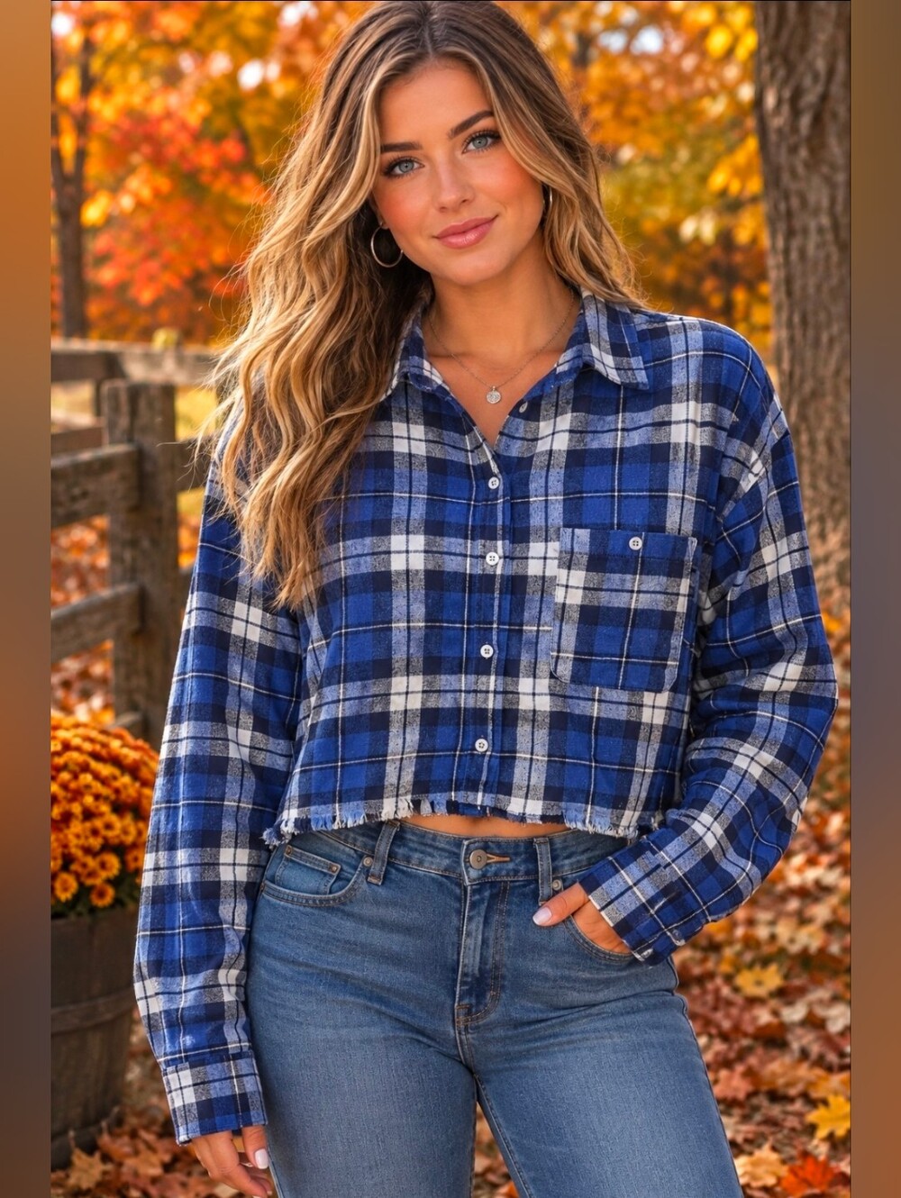 No Comment Blue Plaid Cropped Button-Up Shirt